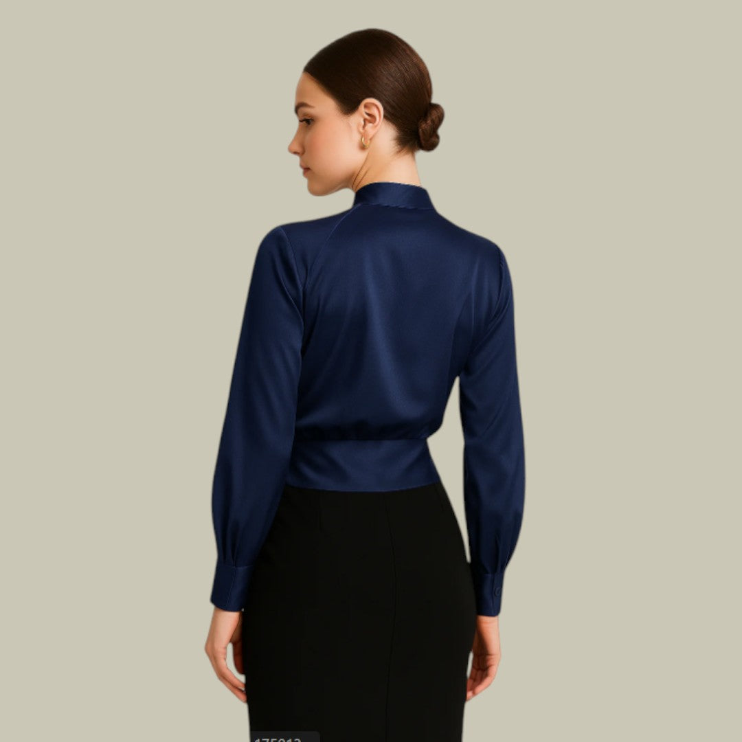 Vivienne | Shawl Collar Wrap Front Puff Shoulder Long Sleeve Satin Blouse