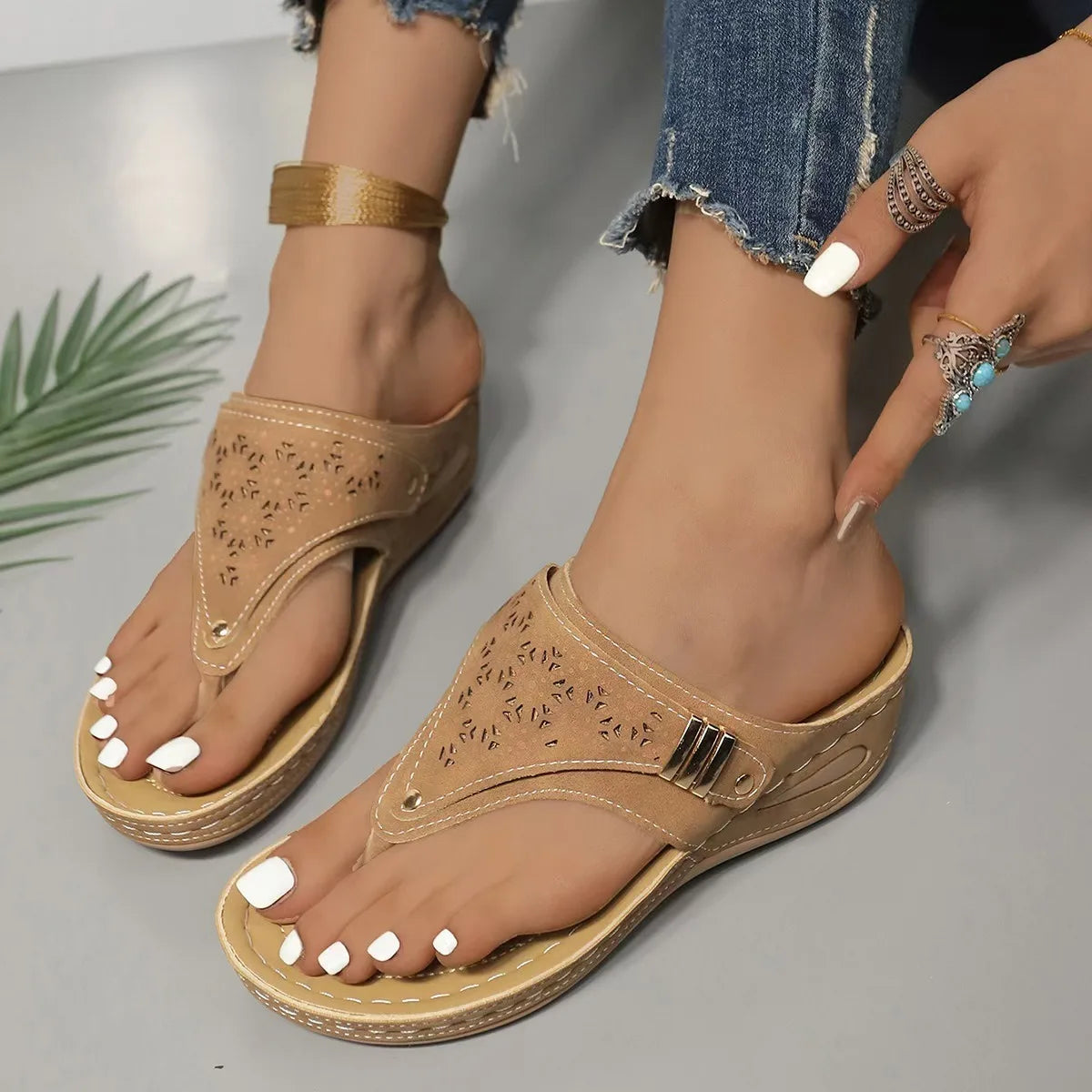 Demi | Cutout Embroidered Toe Loop Wedge Slide Sandals
