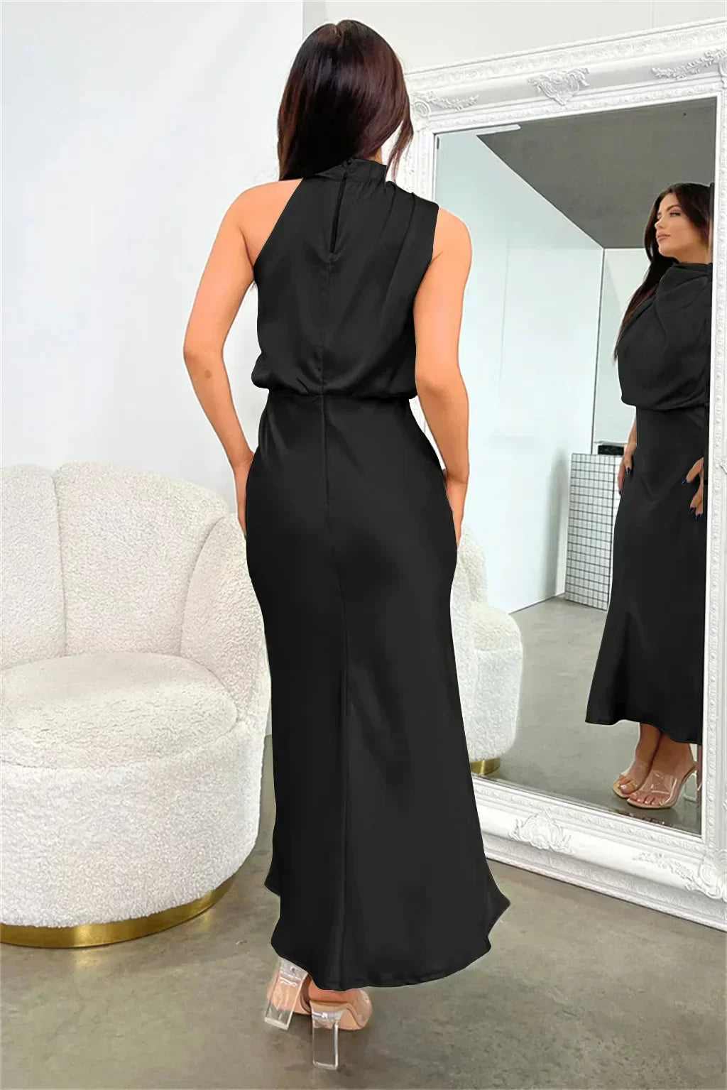 Serena | Satin Halter Neck Draped Blouson Midi Dress
