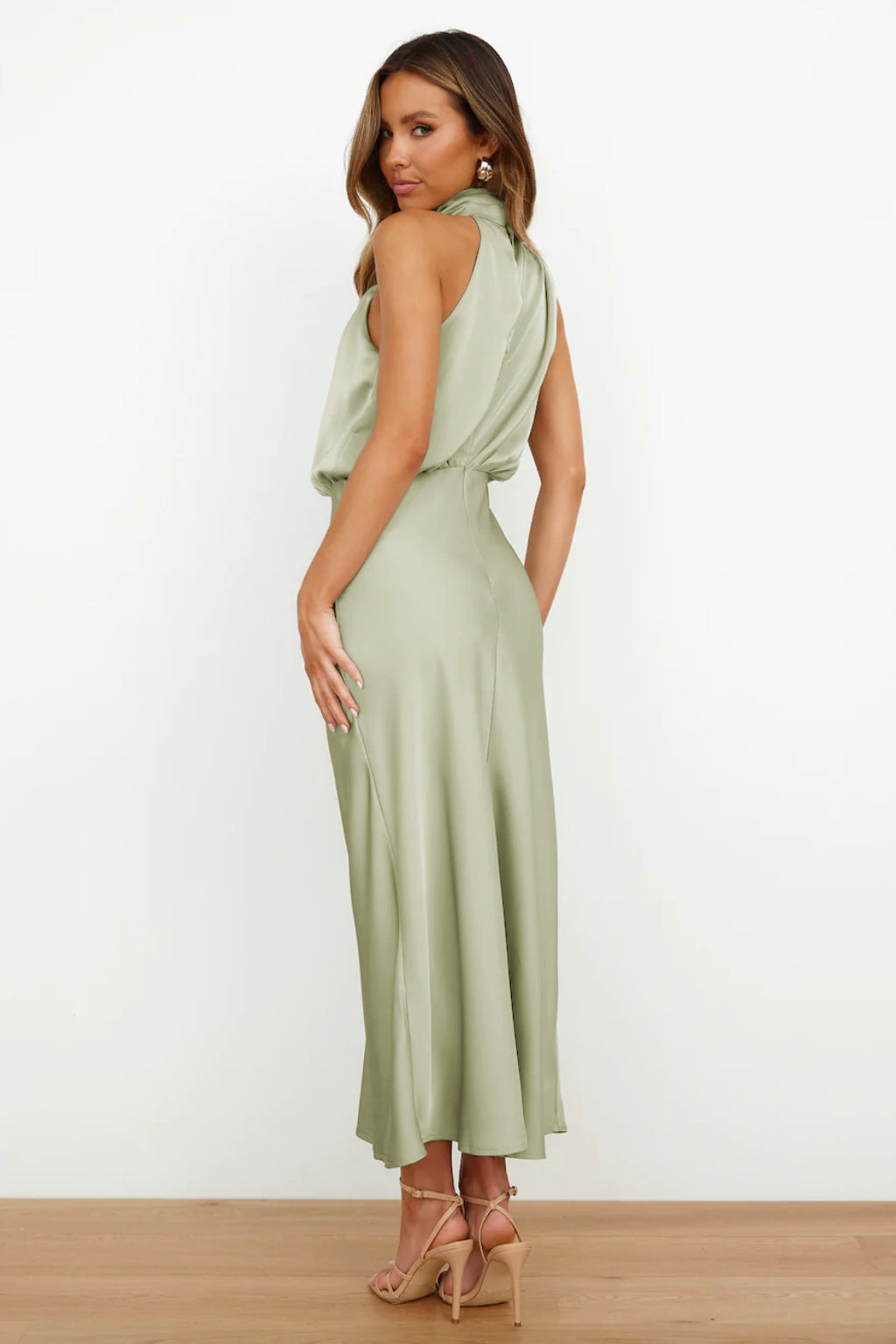 Serena | Satin Halter Neck Draped Blouson Midi Dress