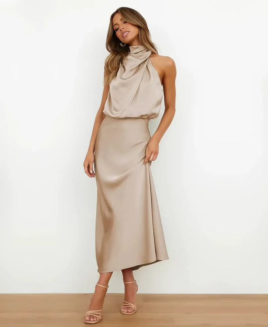 Marguerite | Women's Halter Neck Satin Midi Dress