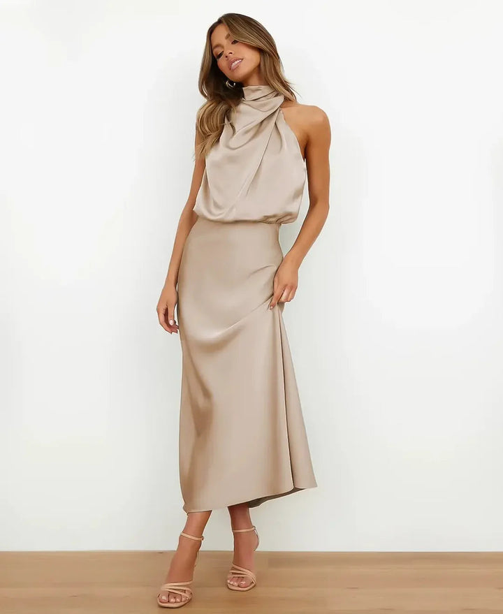 Silke | Satin Cowl Halterneck Midi Dress