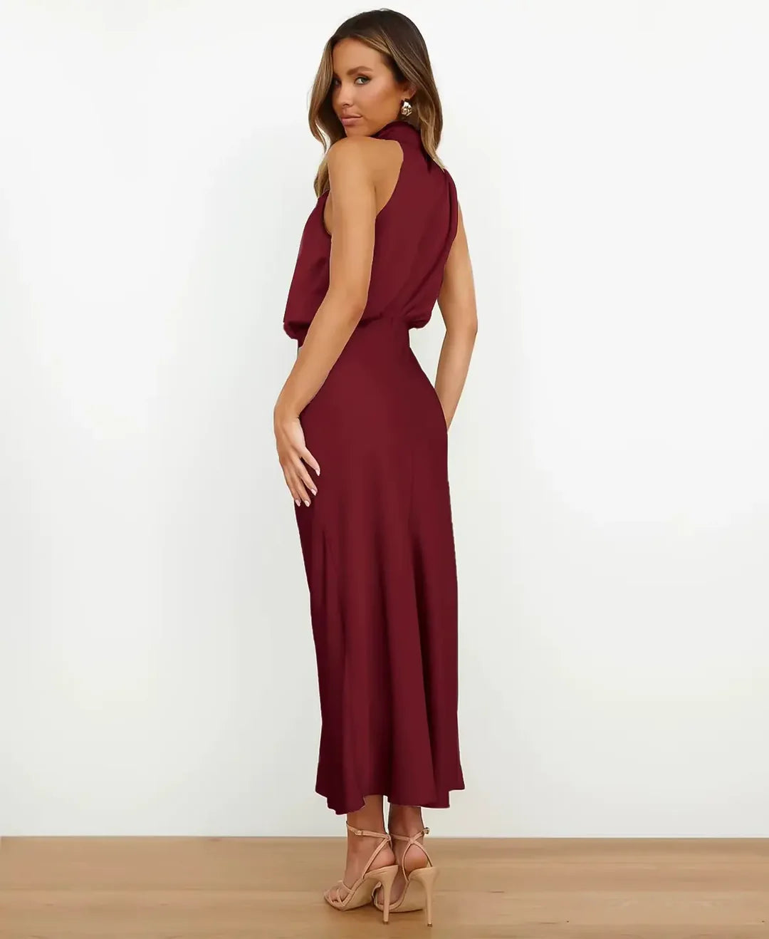 Silke | Satin Cowl Halterneck Midi Dress