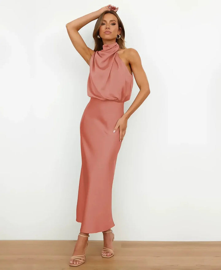 Silke | Satin Cowl Halterneck Midi Dress