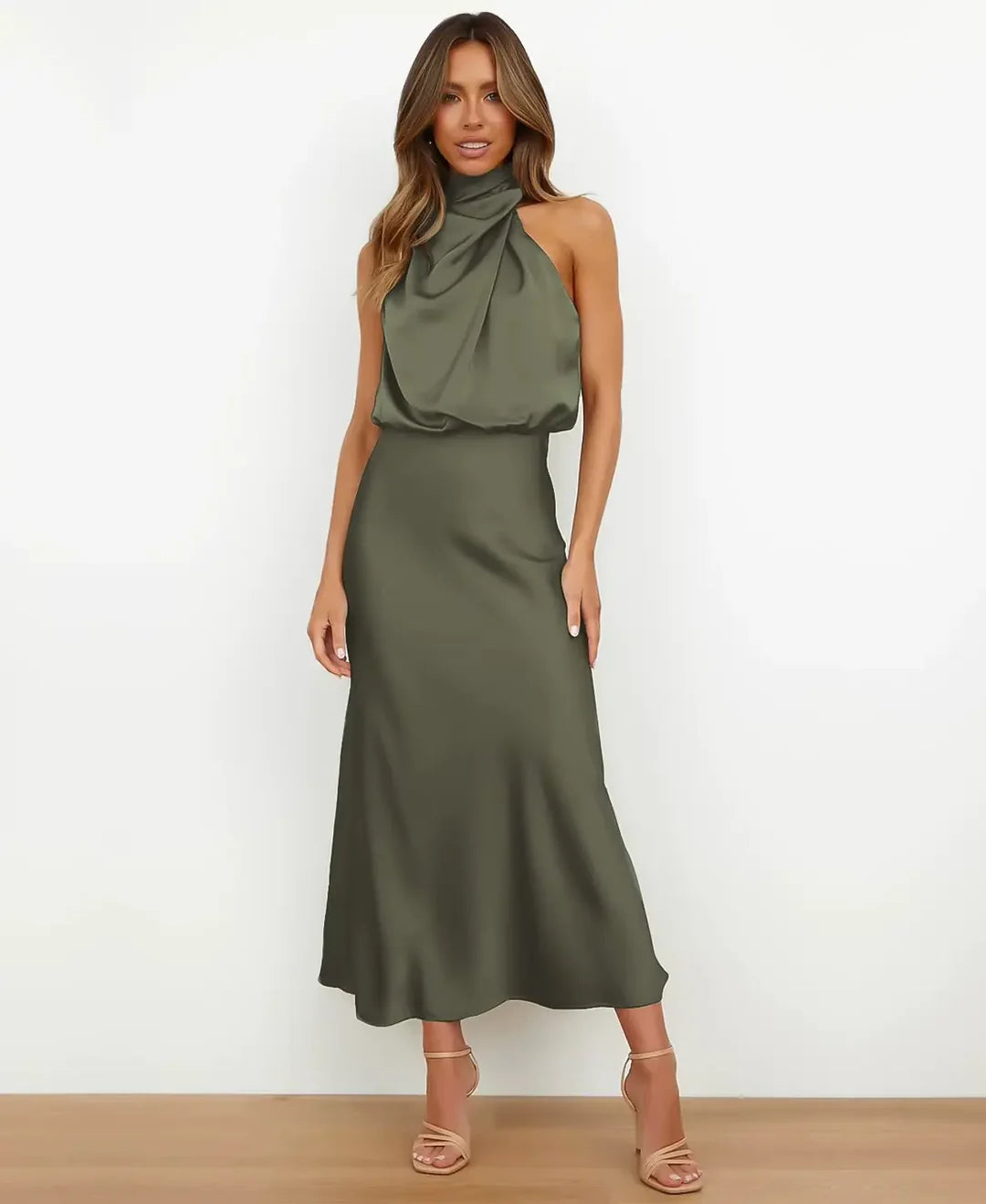 Silke | Satin Cowl Halterneck Midi Dress