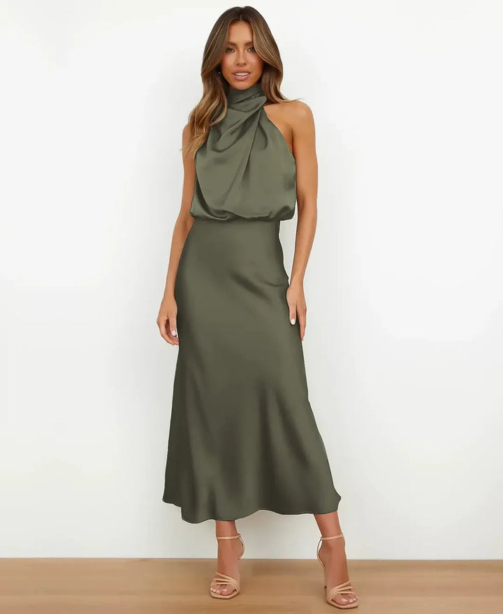 Silke | Satin Cowl Halterneck Midi Dress