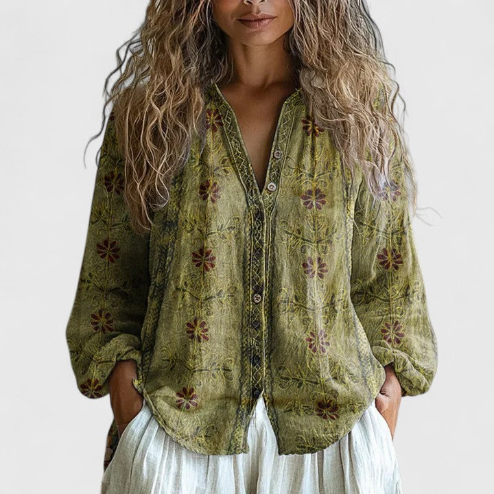 Iris | Floral Print V-Neck Button-Up Long Sleeve Shirt