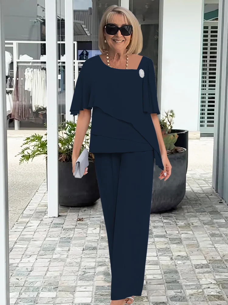 Sophia | Tiered Chiffon Cape Top & Wide-Leg Trousers Set