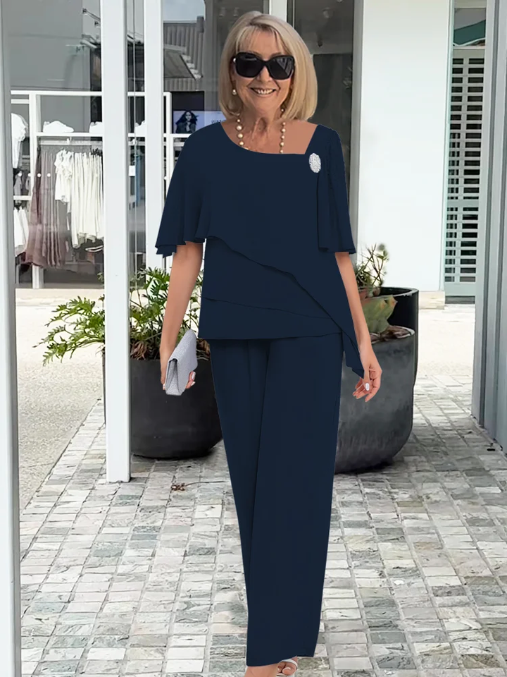 Sophia | Tiered Chiffon Cape Top & Wide-Leg Trousers Set