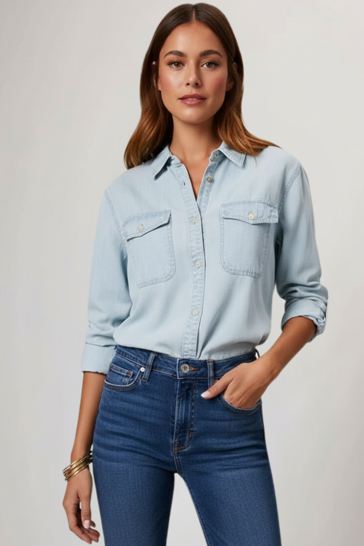Denim | Point Collar Dual Chest Pocket Button-Front Roll Sleeve Chambray Shirt
