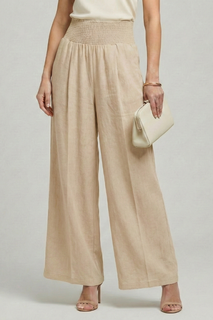 Sena | Smocked High-Waist Wide-Leg Linen Trousers