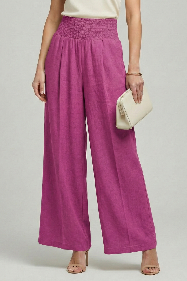 Sena | Smocked High-Waist Wide-Leg Linen Trousers