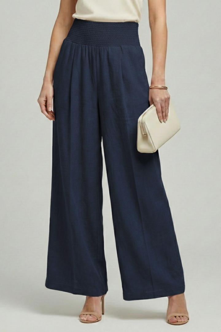 Sena | Smocked High-Waist Wide-Leg Linen Trousers