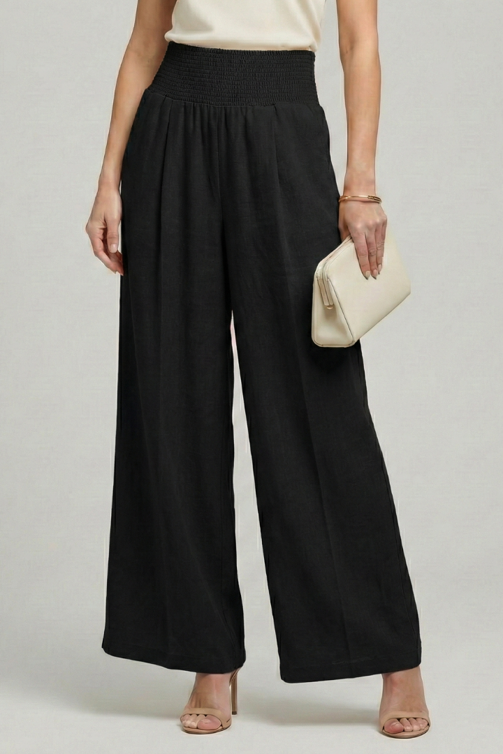 Sena | Smocked High-Waist Wide-Leg Linen Trousers