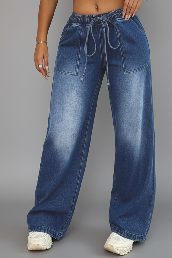 Lena | Drawstring Waist Wide Leg Denim Trousers
