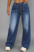 Lena | Drawstring Waist Wide Leg Denim Trousers