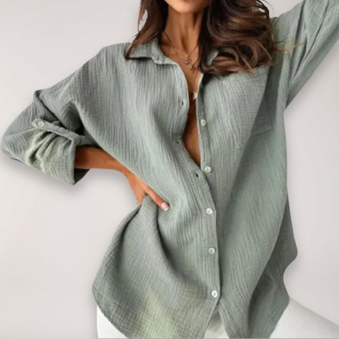 Sandy | Point Collar Button-Front Long Sleeve Relaxed Crinkle Muslin Shirt
