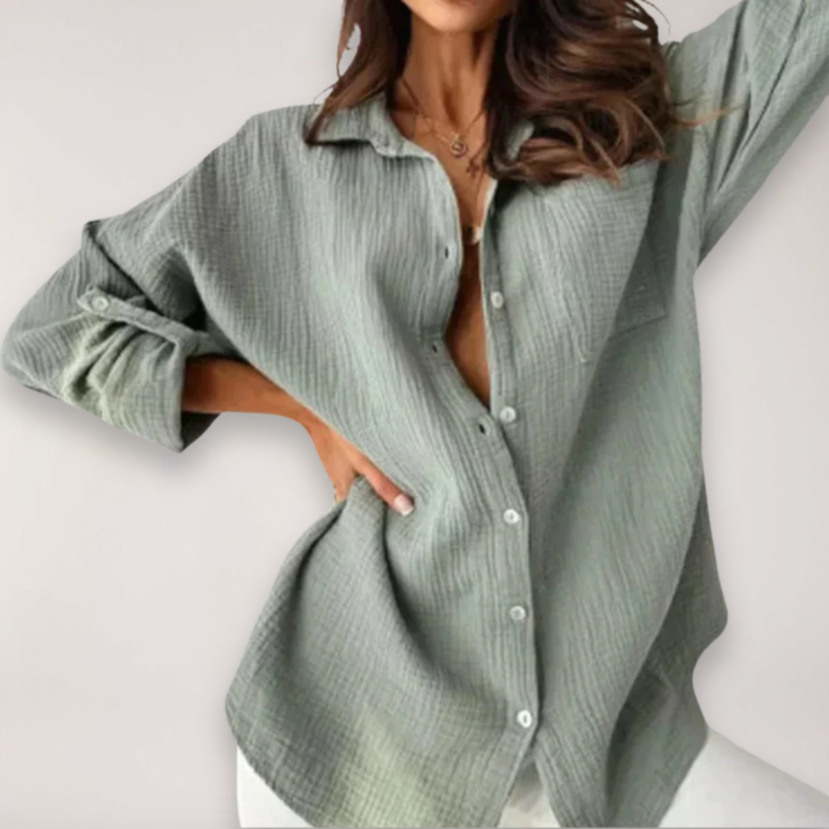 Sandy | Point Collar Button-Front Long Sleeve Relaxed Crinkle Muslin Shirt
