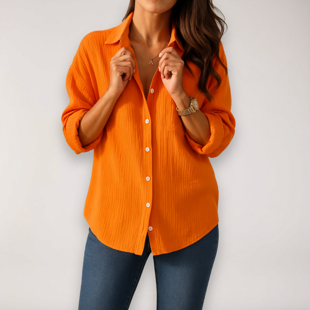 Sandy | Point Collar Button-Front Long Sleeve Relaxed Crinkle Muslin Shirt