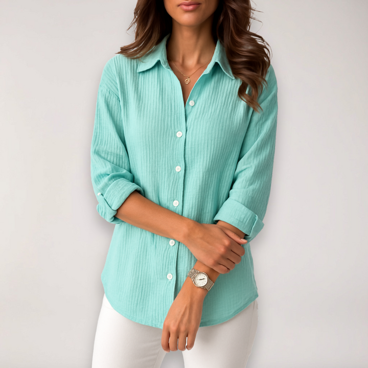 Sandy | Point Collar Button-Front Long Sleeve Relaxed Crinkle Muslin Shirt