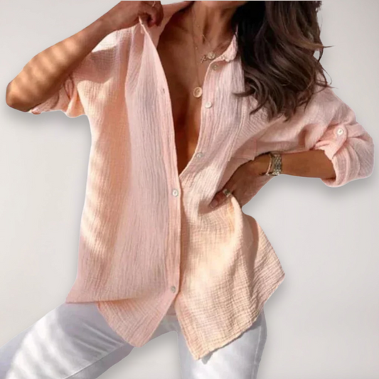 Sandy | Point Collar Button-Front Long Sleeve Relaxed Crinkle Muslin Shirt