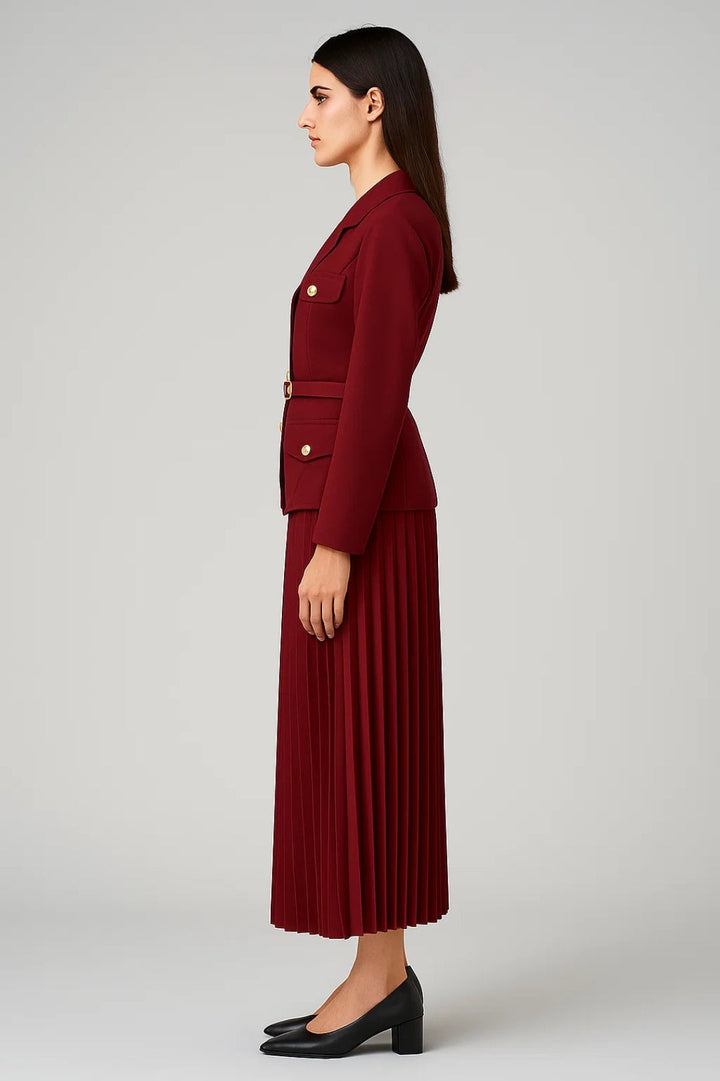 Regina | Notch Lapel Belted Military Blazer & Pleated Midi Skirt Set
