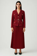 Regina | Notch Lapel Belted Military Blazer & Pleated Midi Skirt Set