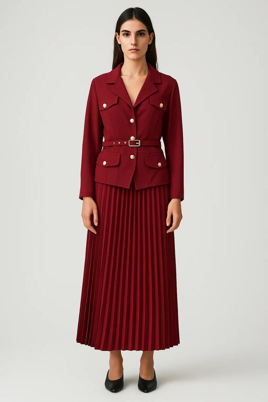 Regina | Notch Lapel Belted Military Blazer & Pleated Midi Skirt Set
