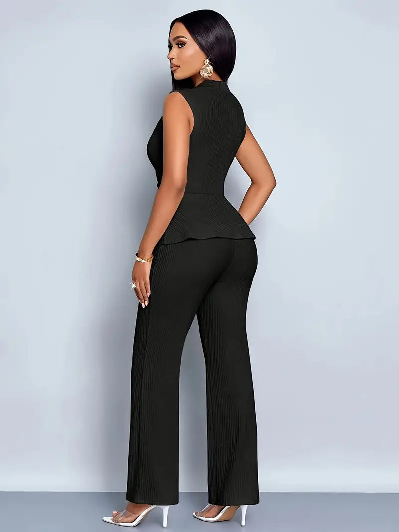 Naomi | V-Neck Ruched Peplum Top & Wide Leg Trouser Co-Ord Set