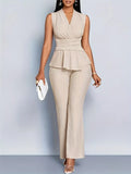Naomi | V-Neck Ruched Peplum Top & Wide Leg Trouser Co-Ord Set