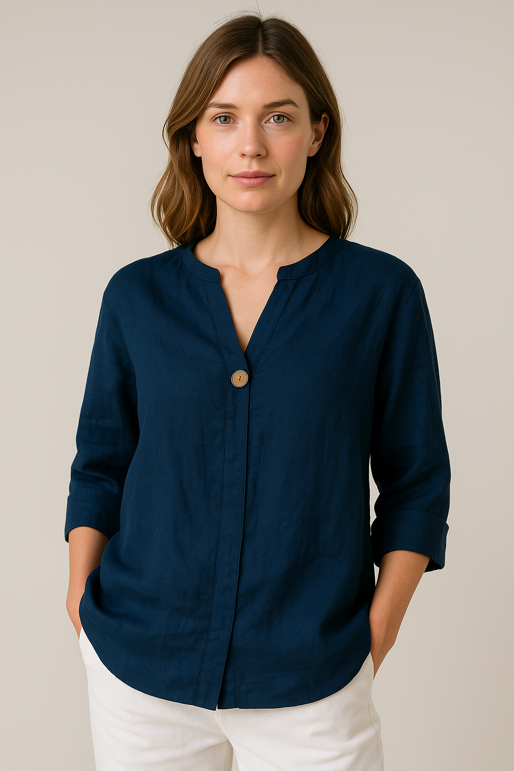 Lina | Single-Button V-Neck Linen Blouse