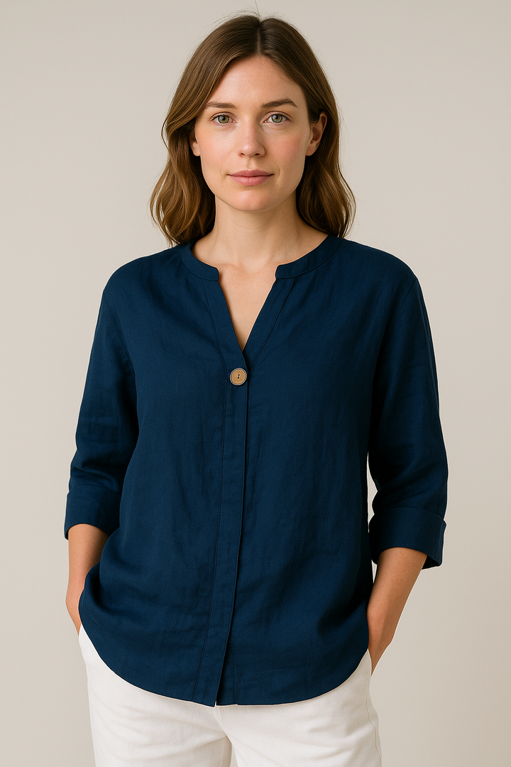 Lina | Single-Button V-Neck Linen Blouse