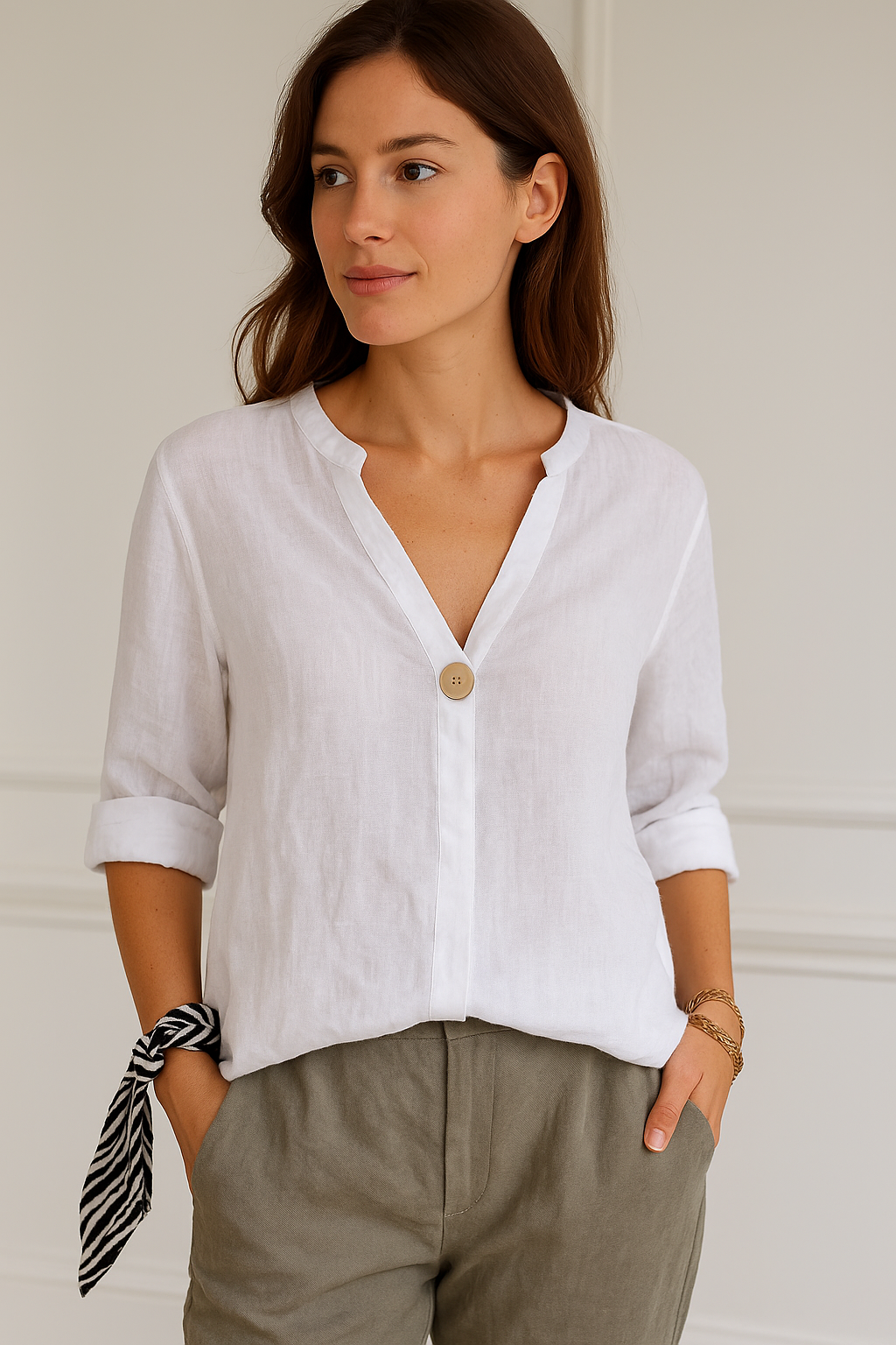 Lina | Single-Button V-Neck Linen Blouse