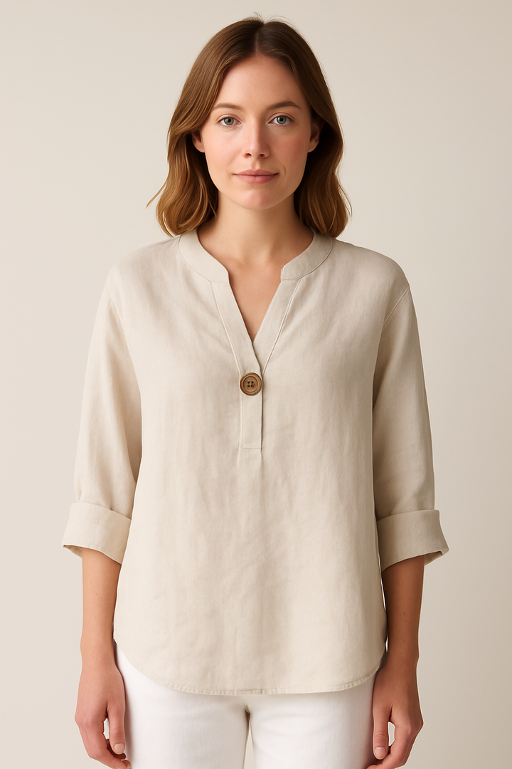 Lina | Single-Button V-Neck Linen Blouse