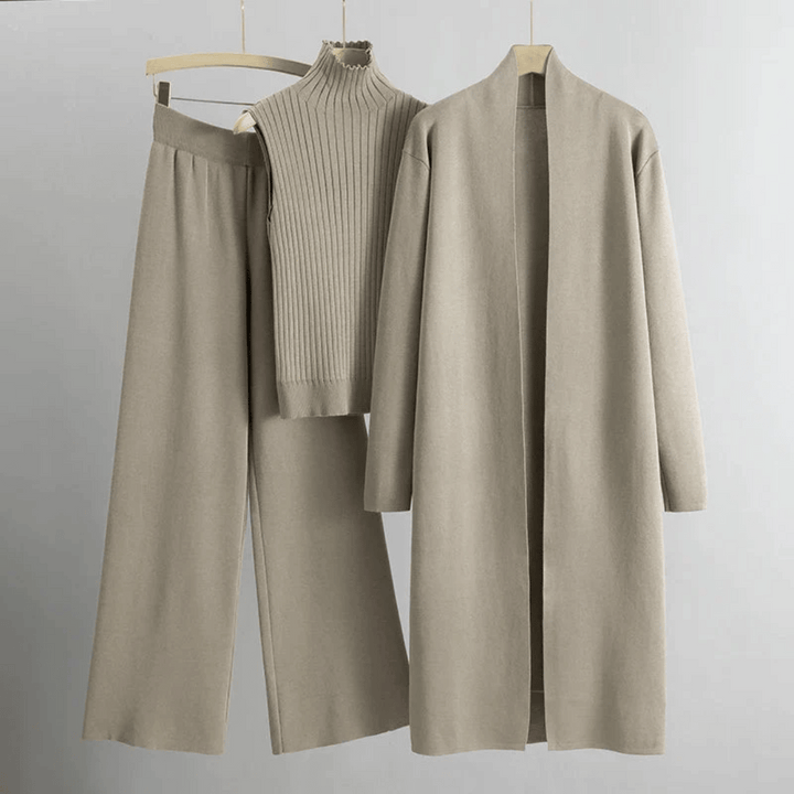 Sérine | Ribbed Turtleneck, Long Knit Cardigan & Wide-Leg Trousers Three-Piece Set
