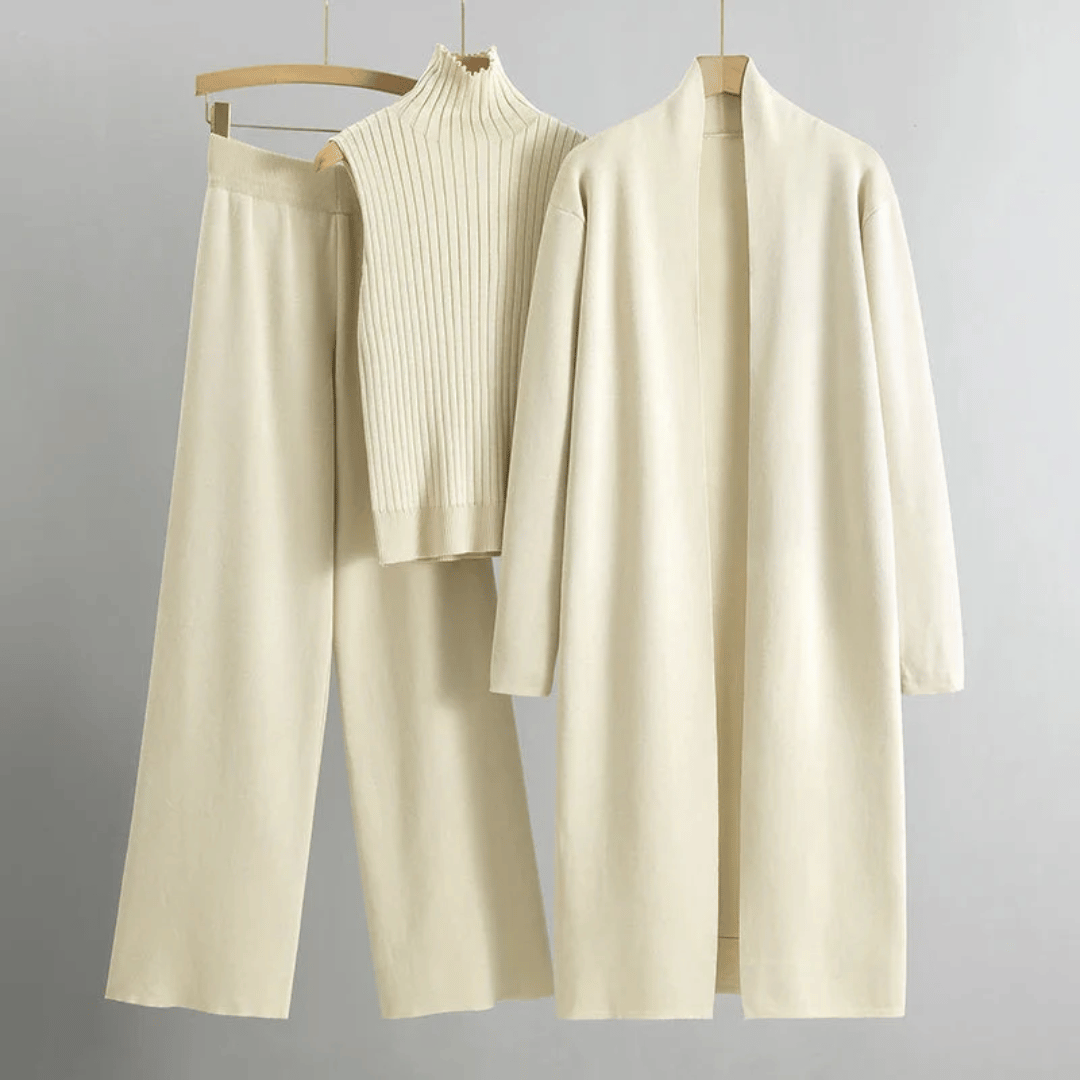 Sérine | Ribbed Turtleneck, Long Knit Cardigan & Wide-Leg Trousers Three-Piece Set