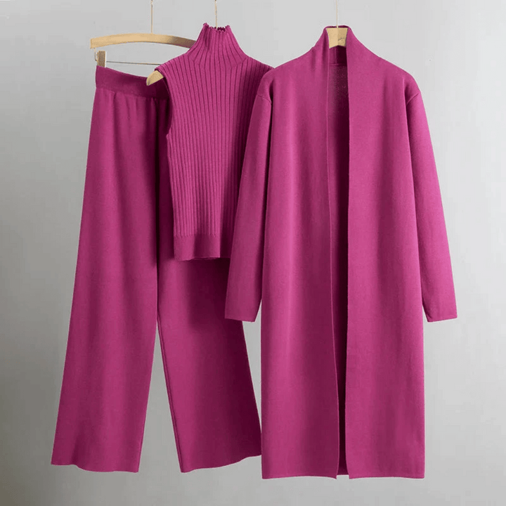 Sérine | Ribbed Turtleneck, Long Knit Cardigan & Wide-Leg Trousers Three-Piece Set