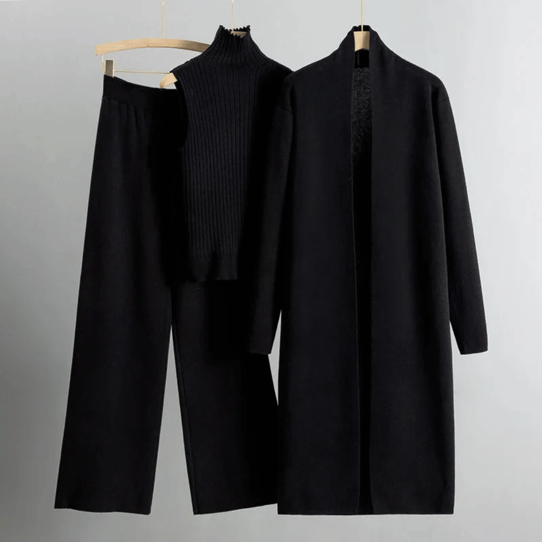 Sérine | Ribbed Turtleneck, Long Knit Cardigan & Wide-Leg Trousers Three-Piece Set