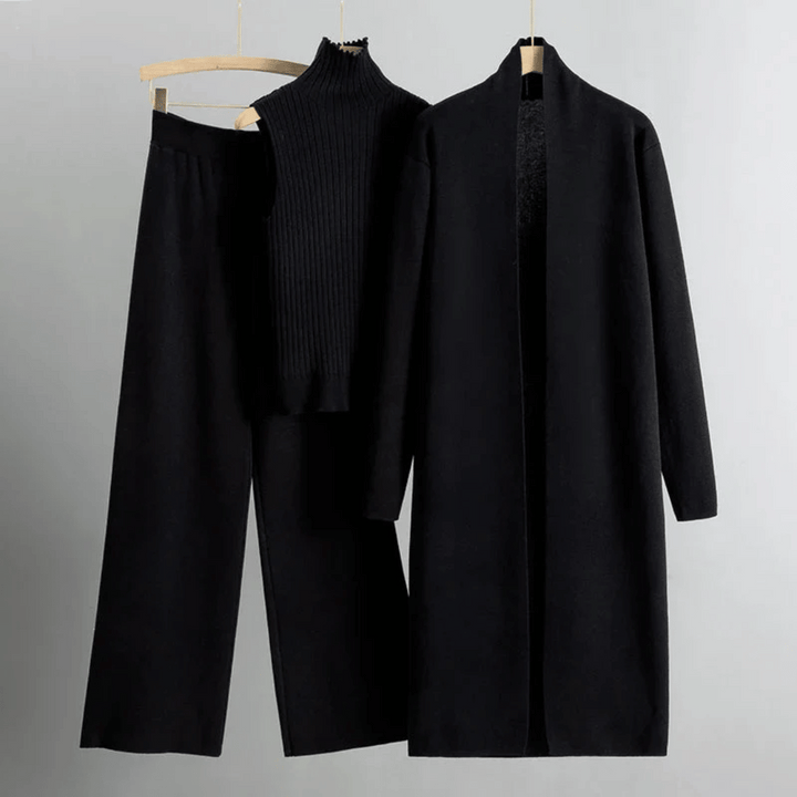 Sérine | Ribbed Turtleneck, Long Knit Cardigan & Wide-Leg Trousers Three-Piece Set