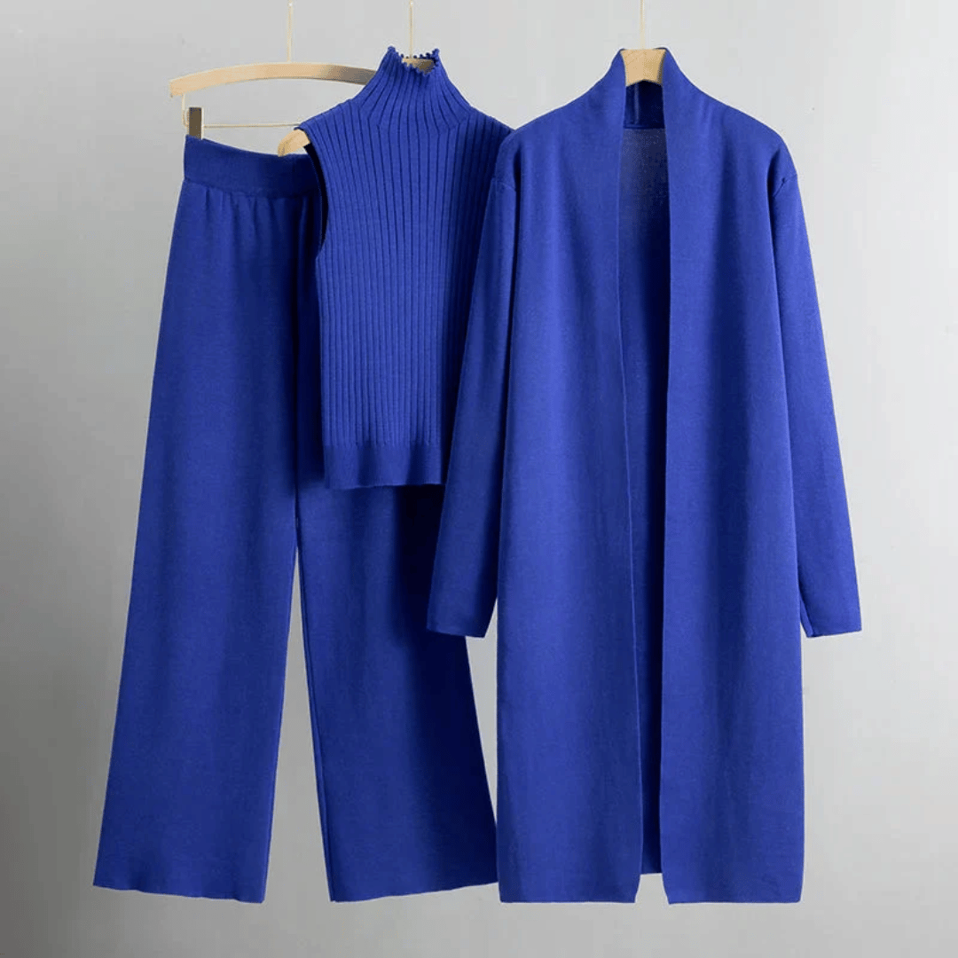 Sérine | Ribbed Turtleneck, Long Knit Cardigan & Wide-Leg Trousers Three-Piece Set