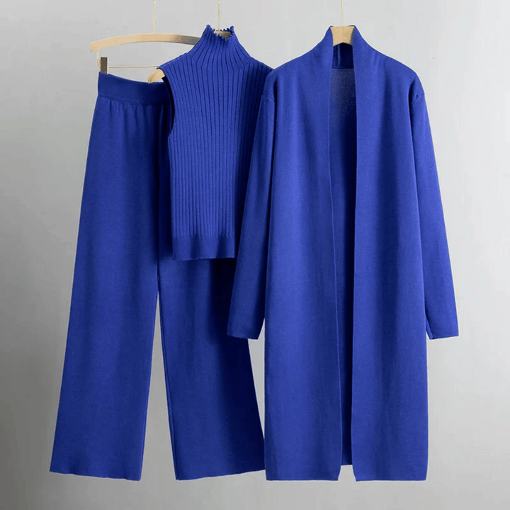 Sérine | Ribbed Turtleneck, Long Knit Cardigan & Wide-Leg Trousers Three-Piece Set