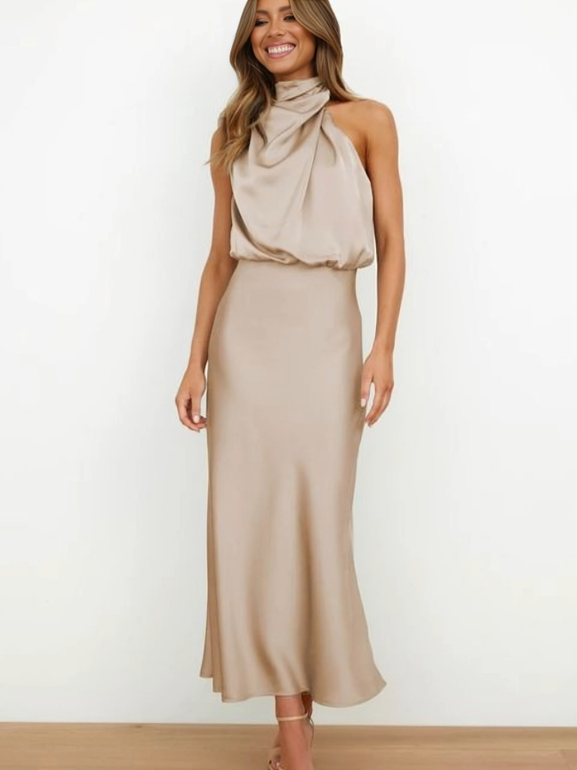Serena | Satin Halter Neck Draped Blouson Midi Dress