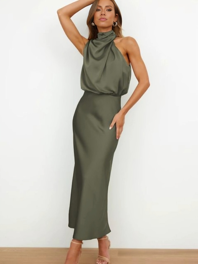 Serena | Satin Halter Neck Draped Blouson Midi Dress