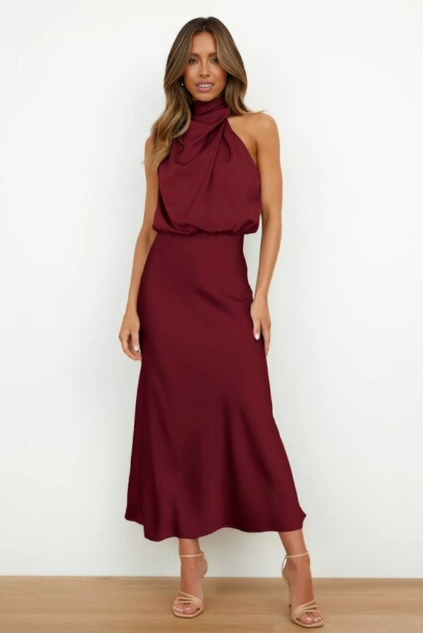 Serena | Satin Halter Neck Draped Blouson Midi Dress