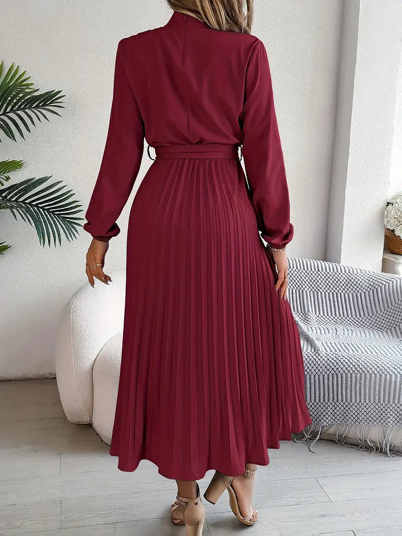 Celeste | Pleated Belted Mock-Neck Midi Dress