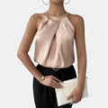 Hallie | Halter Neck Pleated Draped Sleeveless Satin Top