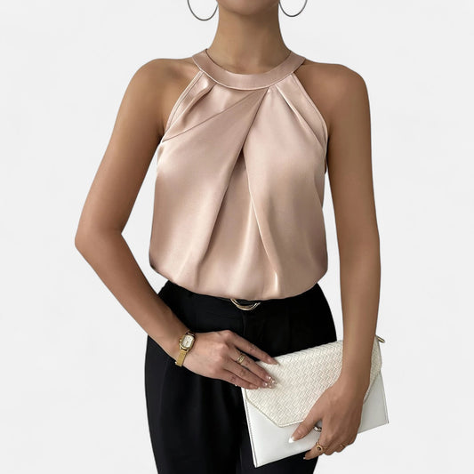 Hallie | Halter Neck Pleated Draped Sleeveless Satin Top