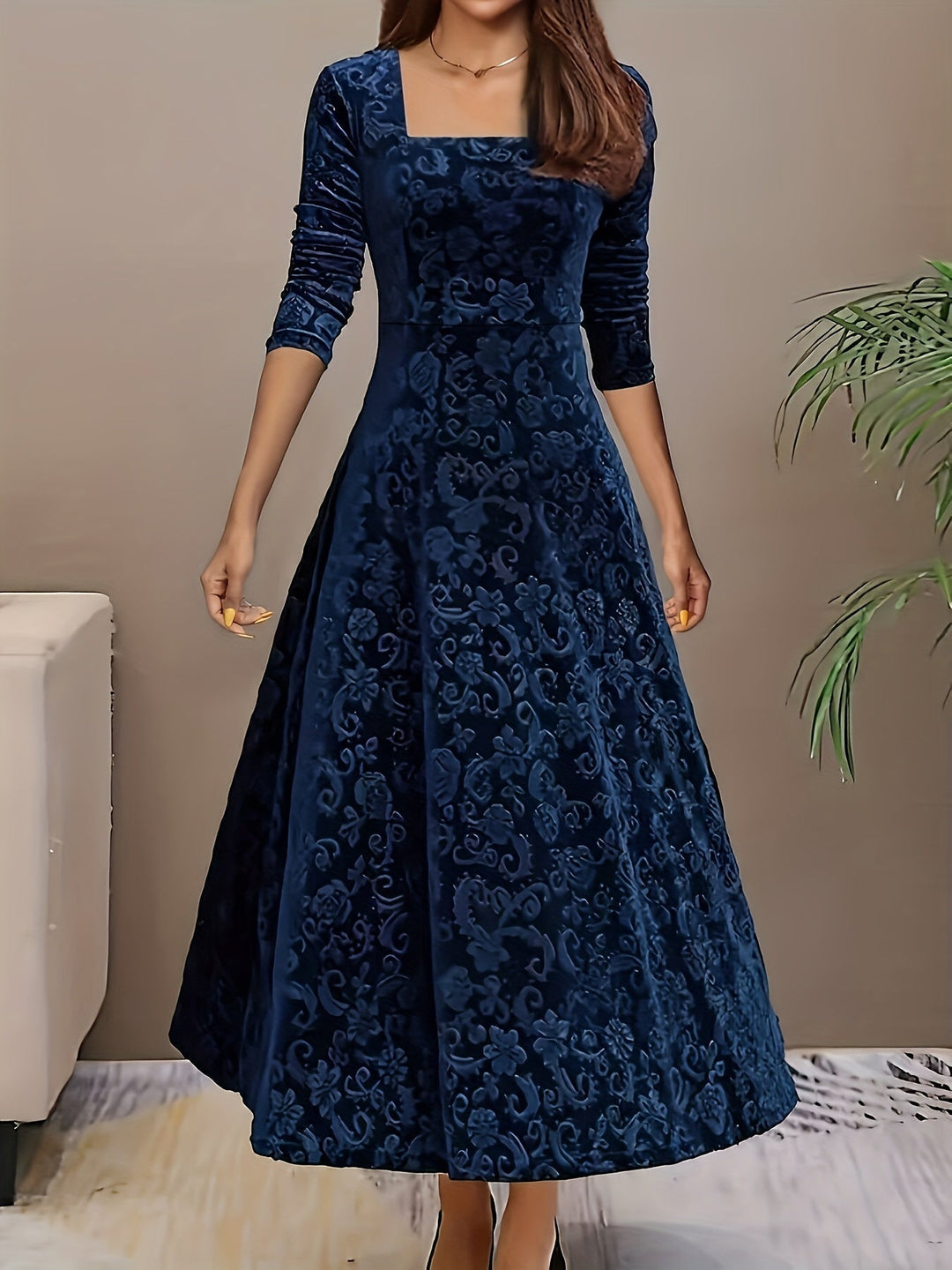 Victoria | Embossed Velvet Square Neck A-Line Midi Dress