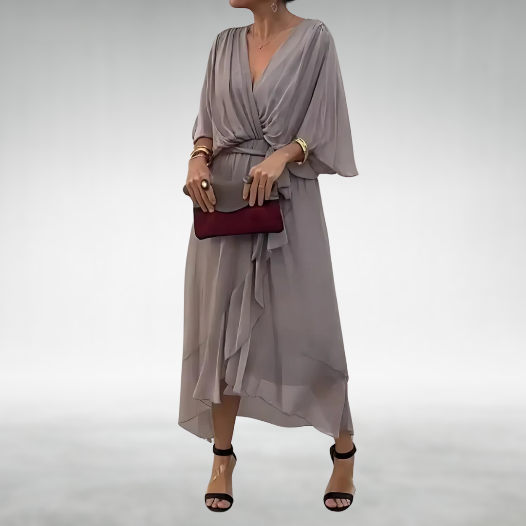 Sage | Chiffon V-Neck Batwing Sleeve Belted Midi Dress
