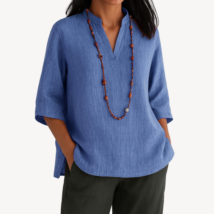 Mara | Stand Collar V-Neck Three-Quarter Sleeve Relaxed Linen Tunic Top